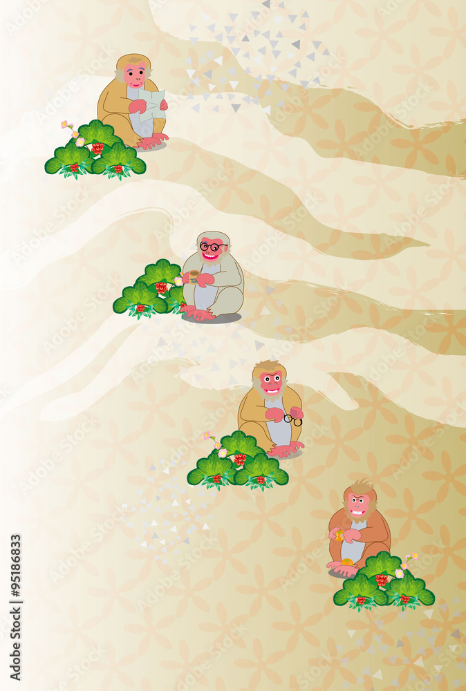 四匹の猿と松の和風縦型イラスト年賀状デザイン Stock Illustration Adobe Stock