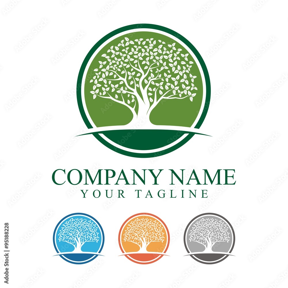 Oak Tree With Circle Logo Design. Oak Tree Logo Design Vector. Tree logo concept of a stylised tree with leaves in a circle.  - obrazy, fototapety, plakaty 