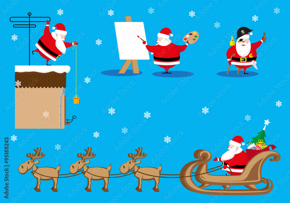 Fototapeta premium Vector set design elements funny Santa Claus different character as painter, pirate, giver isolated on blue background