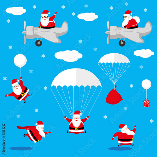 Vector set design elements funny Santa Claus different character as pilot, runner, skydiver isolated on blue background
