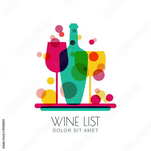 Abstract illustration of tray with wine bottle and two glasses.