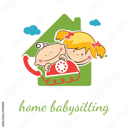 Home babysitter vector concept with funny boy and girl