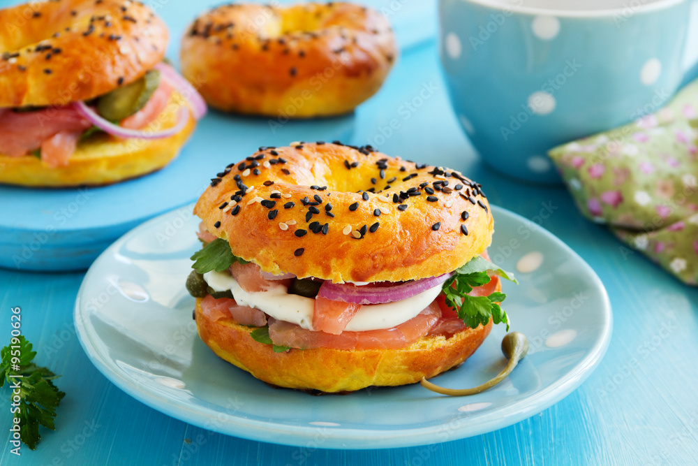 Bagels with salmon and cream cheese. Bagels with salmon and cream cheese.