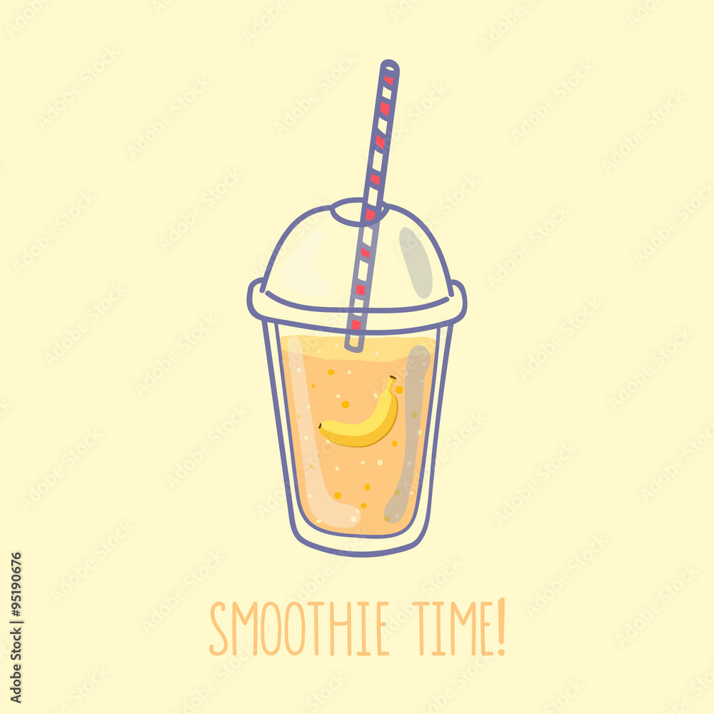 Hand drawn smoothie to go cup with banana illustration and smoothie time  lettering Stock Vector