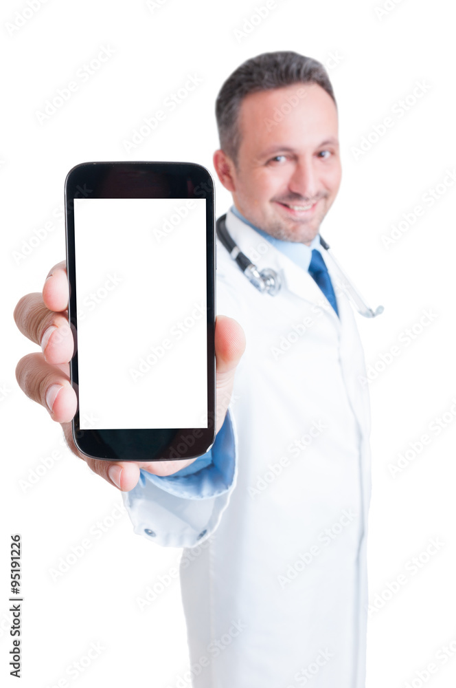 Young medic or doctor showing and presenting blank screen smartp Young medic or doctor showing and presenting blank screen smartp