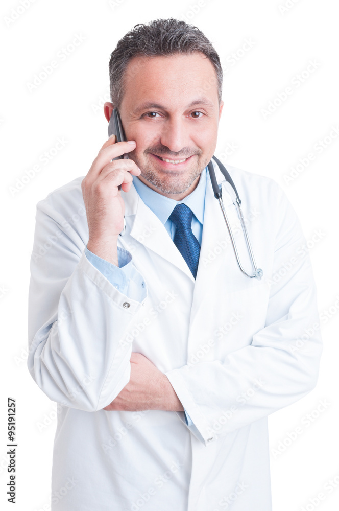 Friendly medic or doctor talking on the phone Friendly medic or doctor talking on the phone