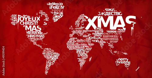 Merry Christmas world map Xmas globe red greetings wallpaper background words tag cloud international text 