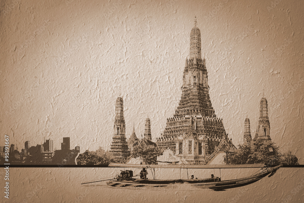 Obraz premium Bangkok, Thailand, Long tail boat infront of Wat Arun illustrati