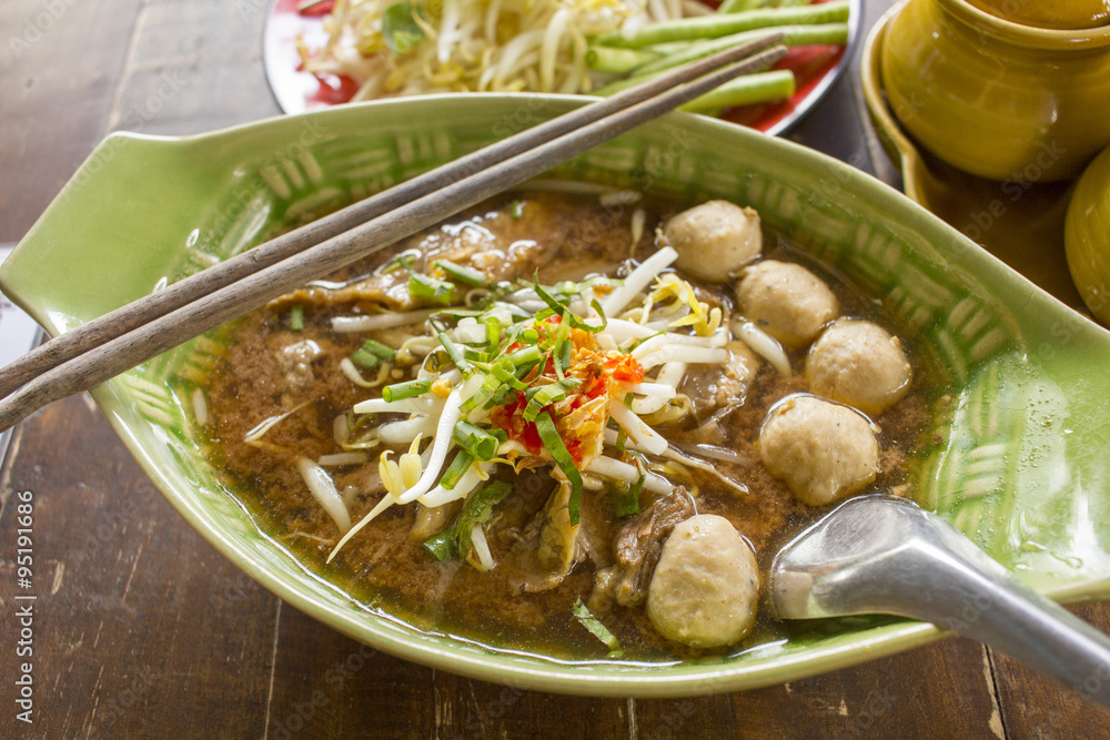 Thai noodle soup. Serve with Basil, bean Sprouts. (Kuay Tiew Ruer
