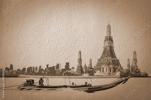 Photography Bangkok, Thailand, Long tail boat infront of Wat Arun illustrati