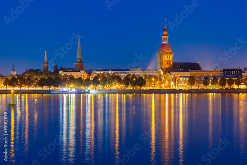 Old Town and River Daugava at night  Riga  Latvia