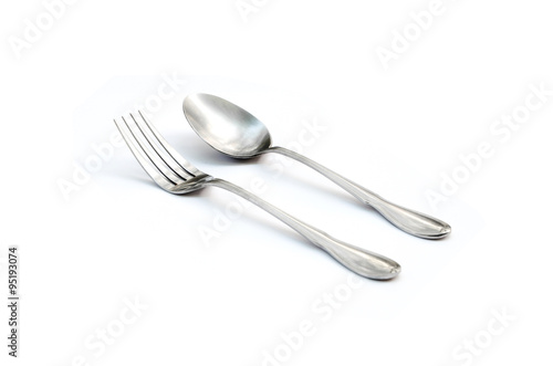 silver spoon and fork isolated in white background