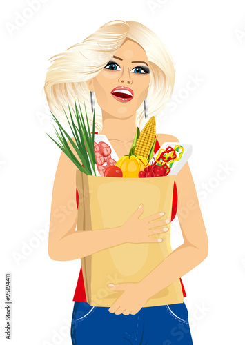 young woman carrying grocery paper bag