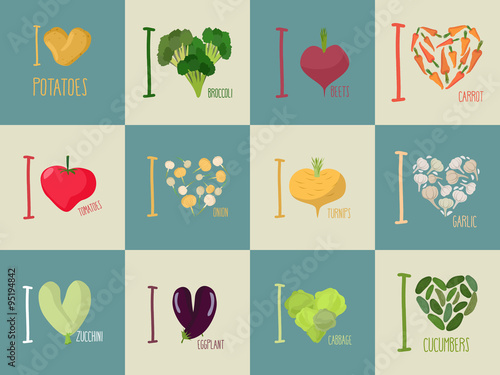 Set of I love vegetables  Eggplant and cucumber. Symbol of heart