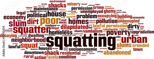 Squatting word cloud concept. Vector illustration