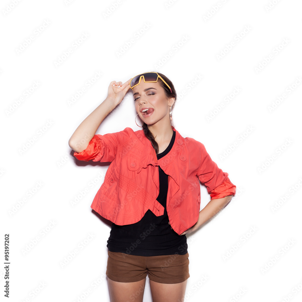 Young happy woman in sunglasses on white background Young happy woman in sunglasses on white background