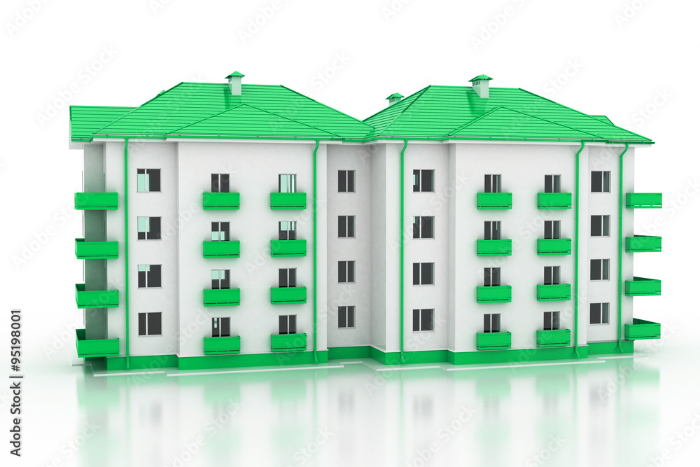 3D render of the building. The house has an apartment on a white background.