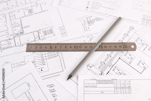 electrical engineering drawings printing, pencil and and ruler © bayurov