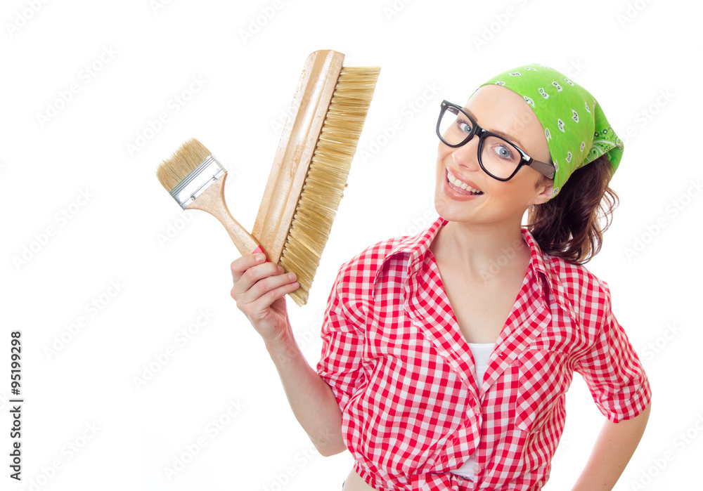 Happy woman holding paint brush, girl ready for painting, isolated on white Happy woman holding paint brush, girl ready for painting, isolated on white