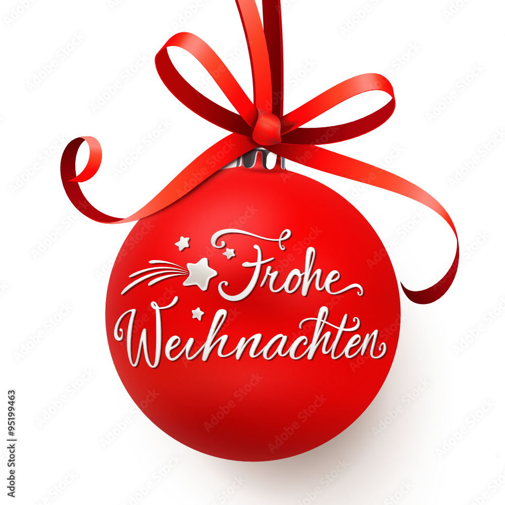 Obraz premium Hängende Weihnachtskugel mit Weihnachtsgruß - Frohe Weihnachten