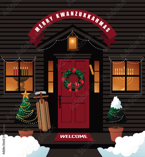Merry Kwanzukkahmas (combination of Kwanzaa, Hanukkah and Christmas) front door. EPS 10 vector illustration