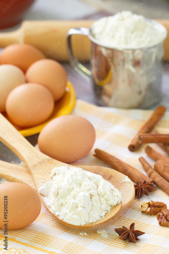 Dough preparation. Baking ingredients: eggs, flour and spices. Dough preparation. Baking ingredients: eggs, flour and spices.