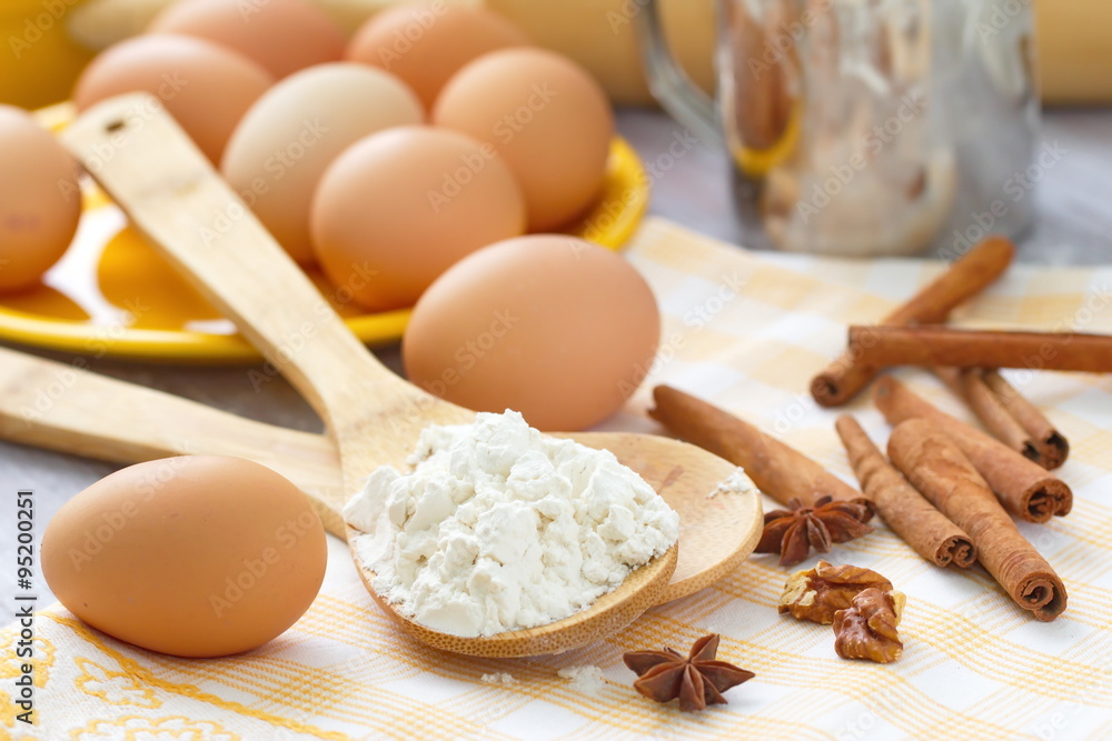 Dough preparation. Baking ingredients: eggs, flour and spices. Dough preparation. Baking ingredients: eggs, flour and spices.