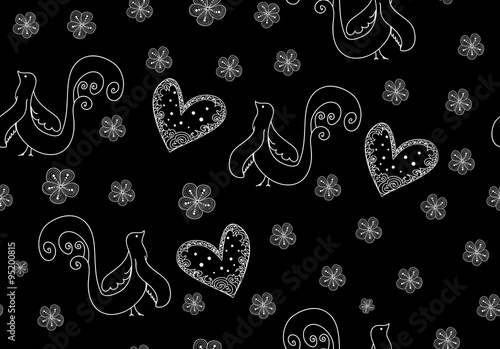 Vector seamless pattern with flowers, singing birds and hearts
