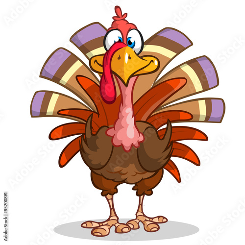 Thanksgiving happy turkey mascot isolated on white background. Vector illustration