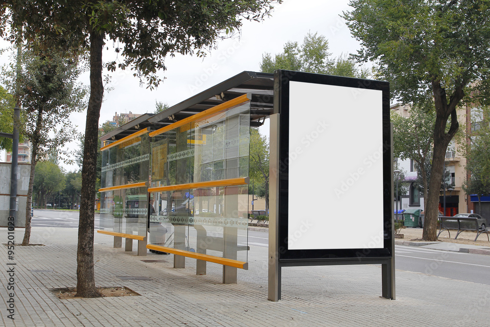 Naklejka premium Blank billboard in a bus stop