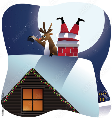 Reindeer takes a selfie with Santa stuck in the chimney. EPS 10 vector, grouped for easy editing. No open shapes or paths.