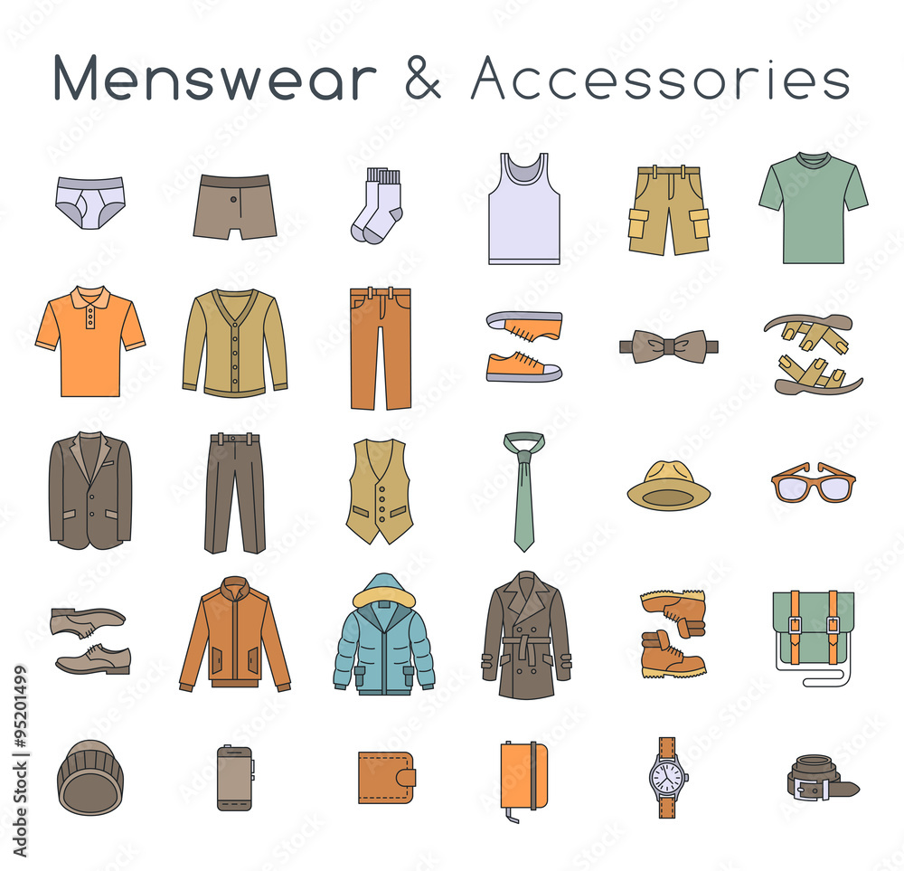 Men fashion clothing and accessories flat line vector icons. Linear objects  of male outfit clothes, underwear, shoes and every day essentials for any  season. Modern urban casual style elements for man Stock