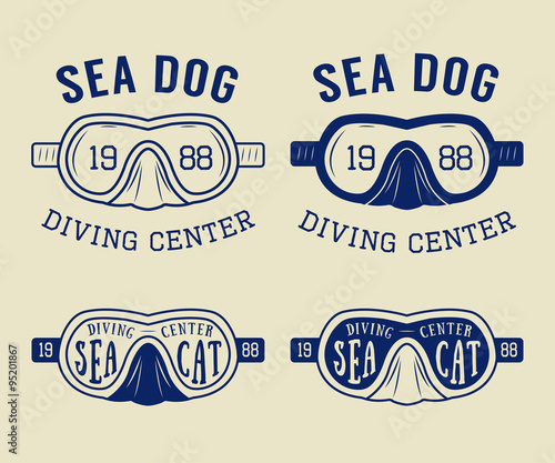 Set of diving logos, labels and slogans in vintage style.