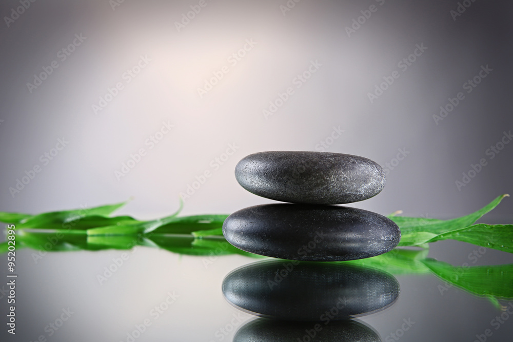 Spa stones and green branch on grey background Spa stones and green branch on grey background