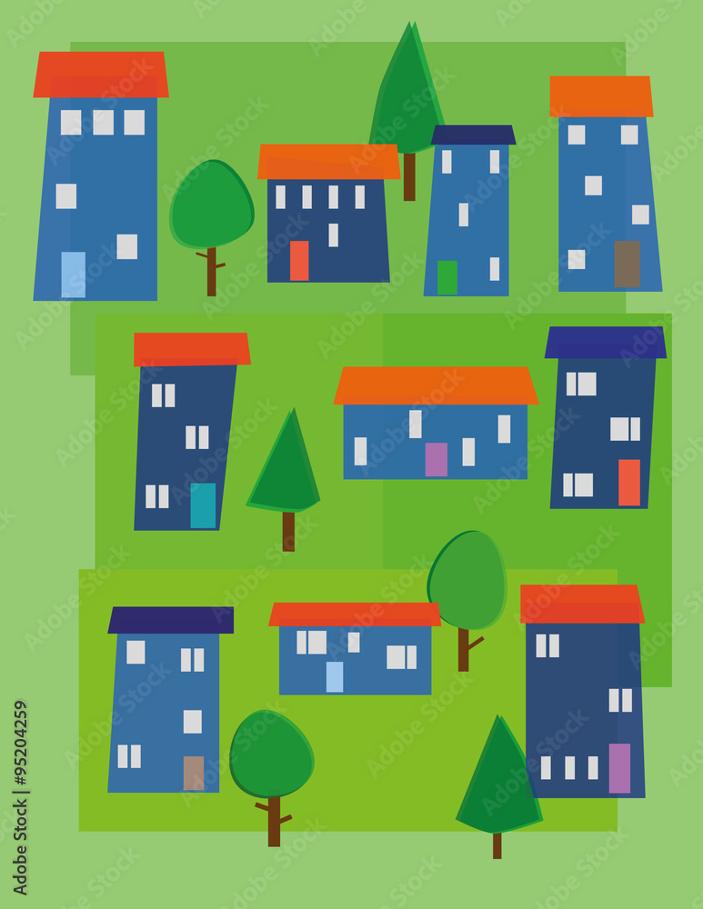 Stylized illustration of town houses and apartment blocks surrounded by trees and green lawns