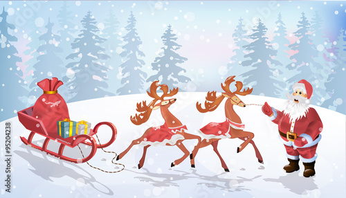 Santa Claus are near his reindeers in harness