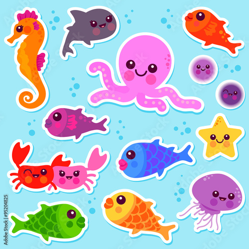 Set of colorful sea animals swimming underwater. Vector illustration