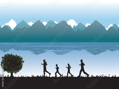 Black silhouettes of running people, family.