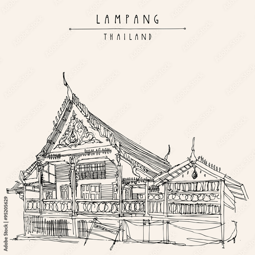 Obraz premium An old historic building in Lampang, Thailand. Artistic hand drawn postcard