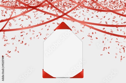 blank card with confetti and ribbons