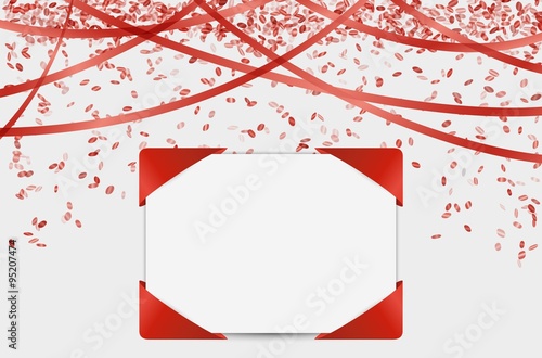 blank card with confetti and ribbons