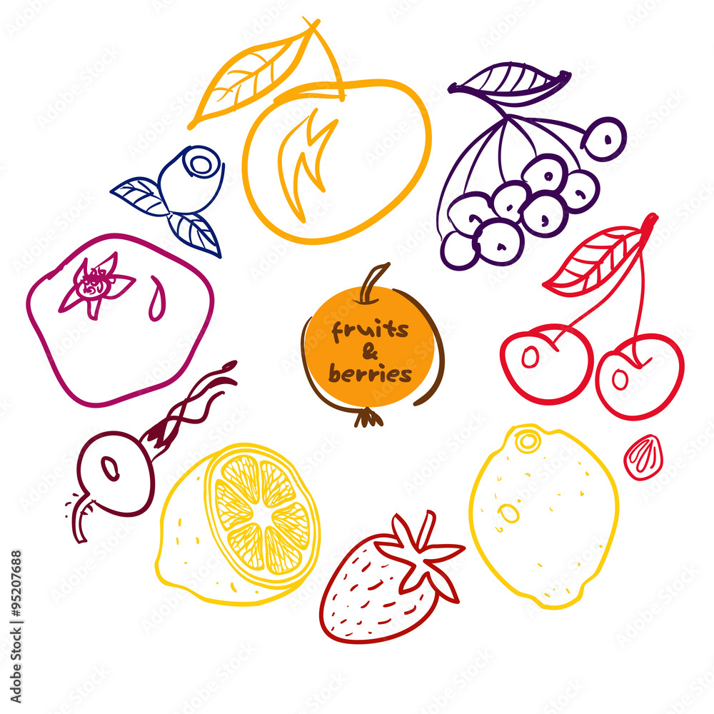 Set of fruits and berries. Illustration in hand drawing style Set of fruits and berries. Illustration in hand drawing style