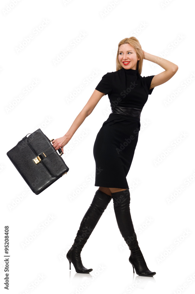 Woman businesswoman with briefcase isolated on white