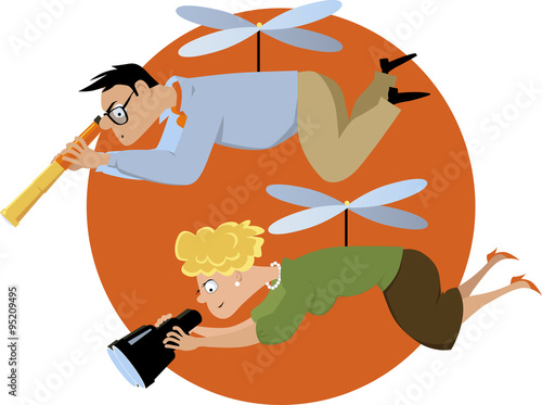 Helicopter parents hovering with a telescope and a binoculars, EPS 8 vector illustration