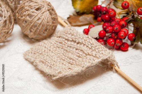 knitting beige and red berries