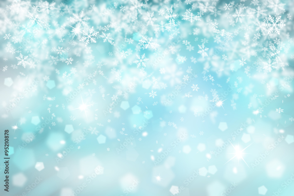 Blurry cyan color abstract snowflake with sparkle Christmas illustration background. Copy space background.