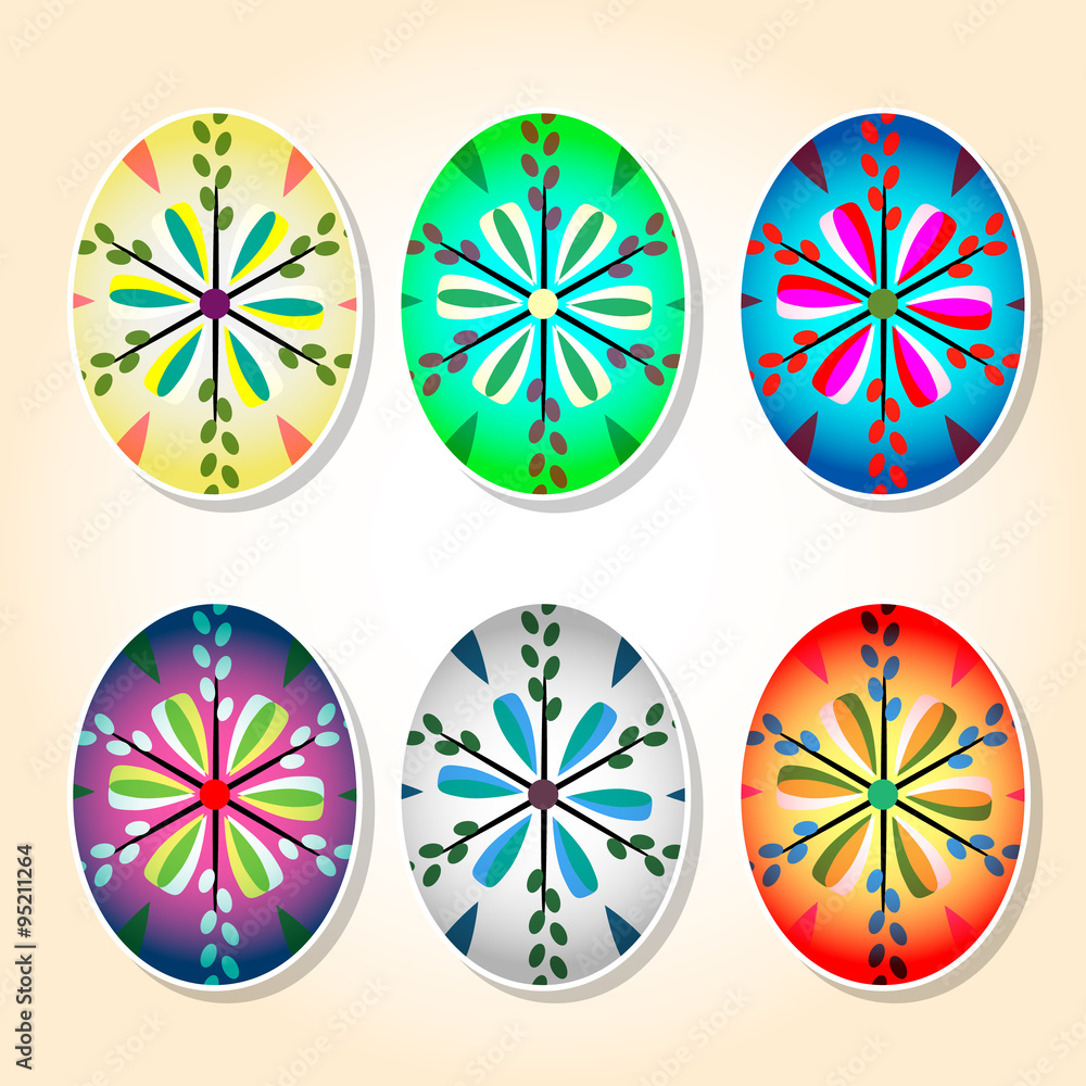 Painted Easter eggs. Design with flower and pussy willow in six variants. Vector illustration.