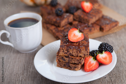 Flourless healthy pumpkin brownies with chocolate chips  selective focus