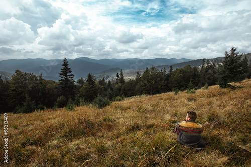 beautiful amazing landscape of sunny mountains, forest, sky and