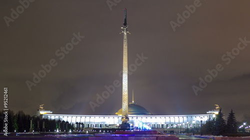Victory park architectural ensemble with monuments, obelisk, Christmas tree at evening timelapse hyperlapse in Moscow, Russia